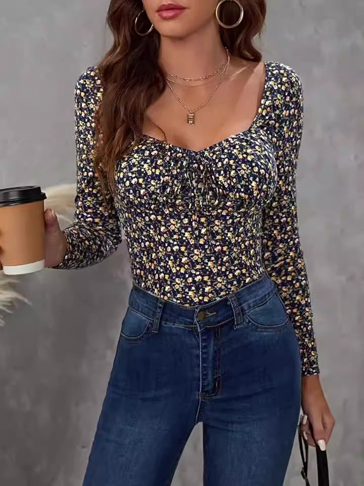 Floral V-Neck Nursing Top – Long Sleeve Breastfeeding T-Shirt