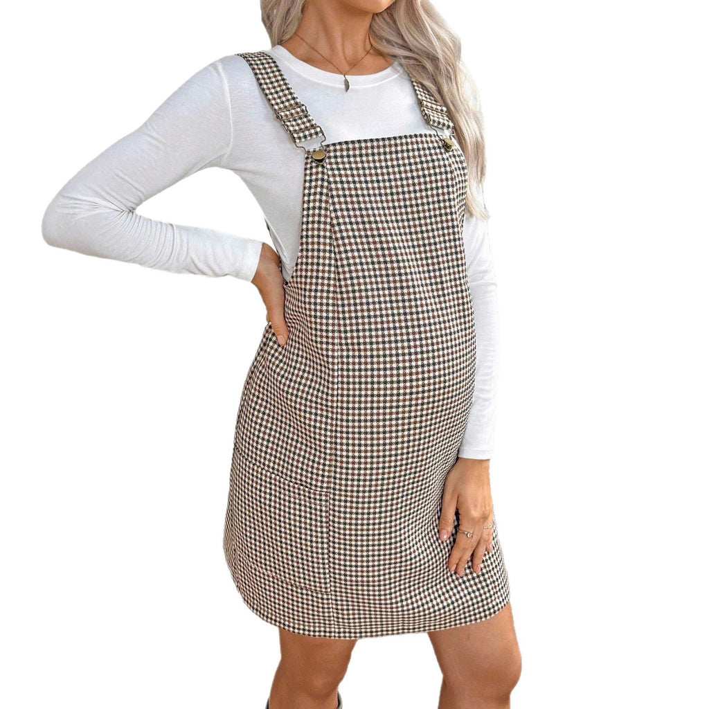 Checkered Maternity Overalls Dress – Adjustable Strap Mini Dress
