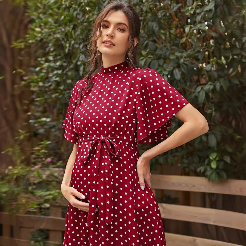 Polka Dot Chiffon Maternity Dress – Short Sleeve Strappy Summer Dress
