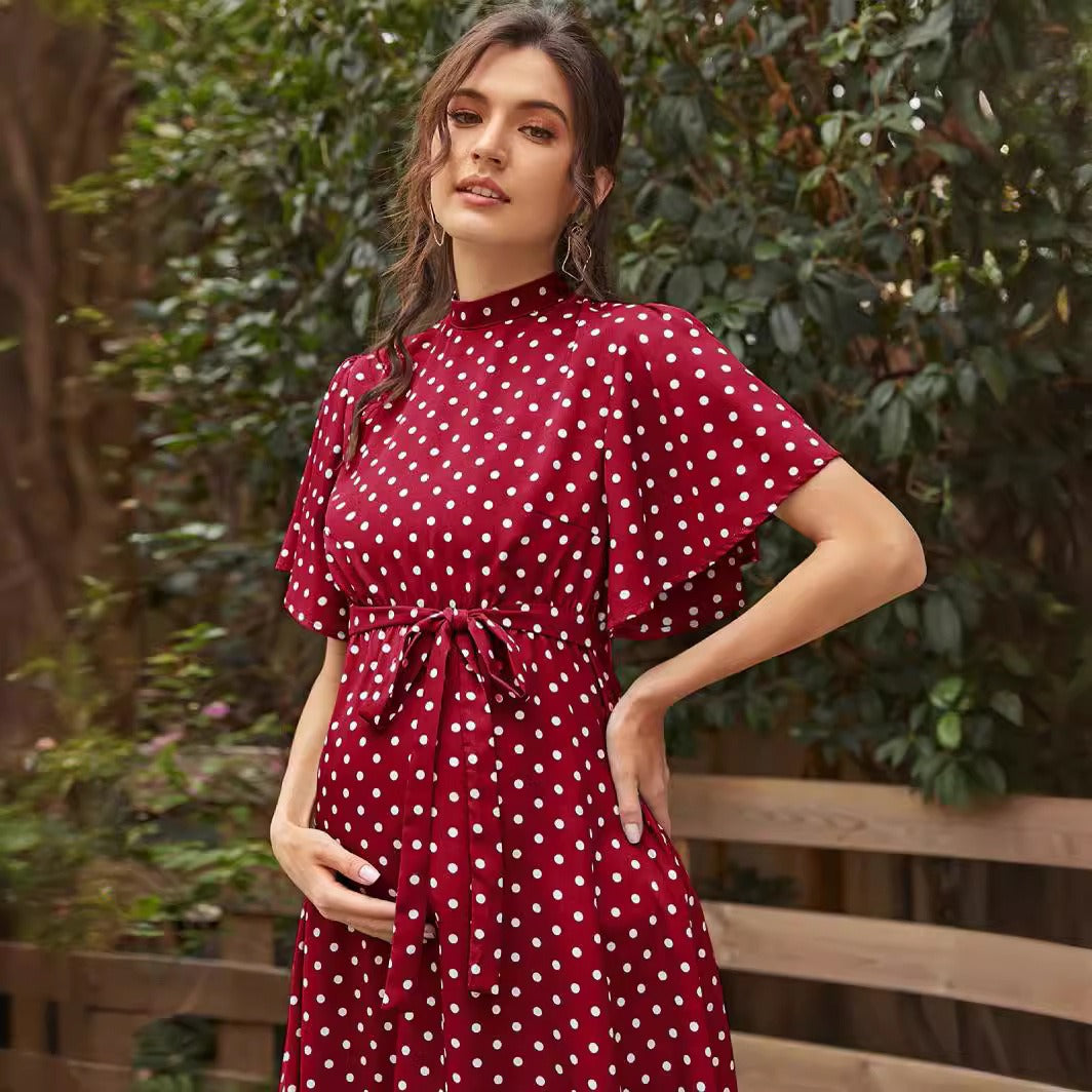 Polka Dot Chiffon Maternity Dress – Short Sleeve Strappy Summer Dress