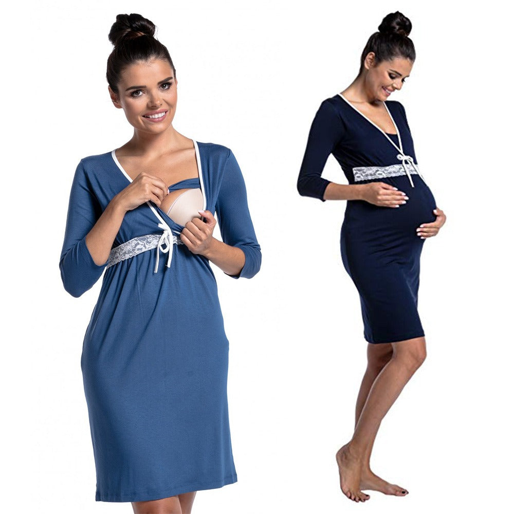 Lace Nursing Pyjama Dress – Deep V-Neck Maternity Nightwear