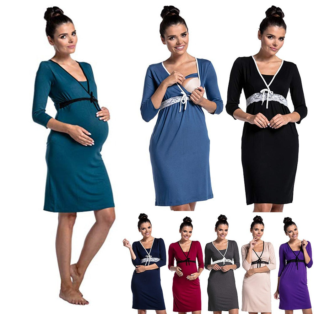 Lace Nursing Pyjama Dress – Deep V-Neck Maternity Nightwear