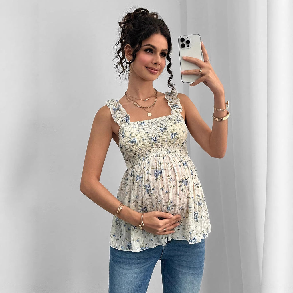 Printed Halter Maternity Vest – Square Neck A-Line Pregnancy Top