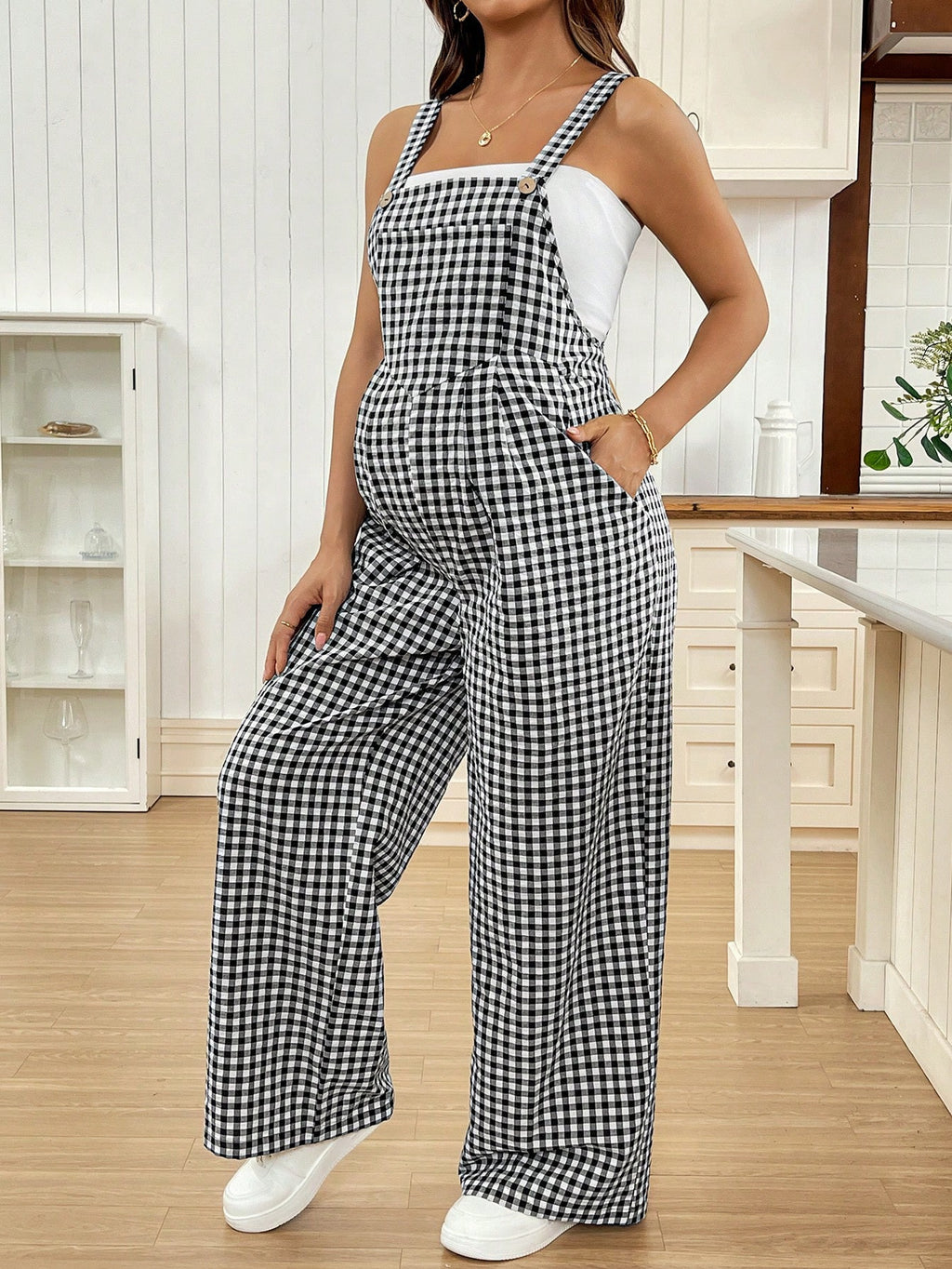Checkered Maternity Jumpsuit – Loose Casual Pregnancy Overalls