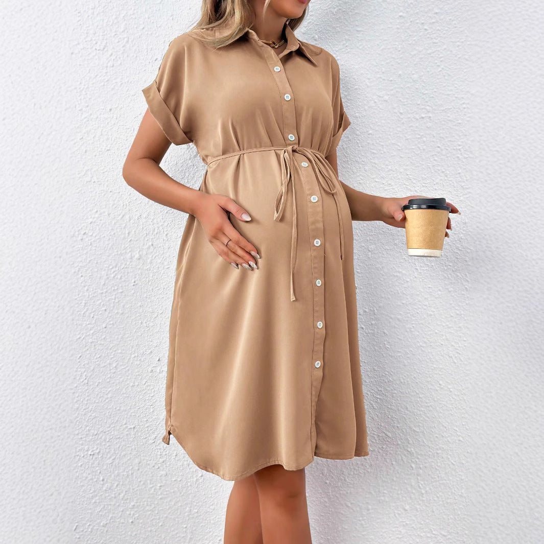 Button-Down Maternity Shirt Dress – Casual Belted Summer Dress
