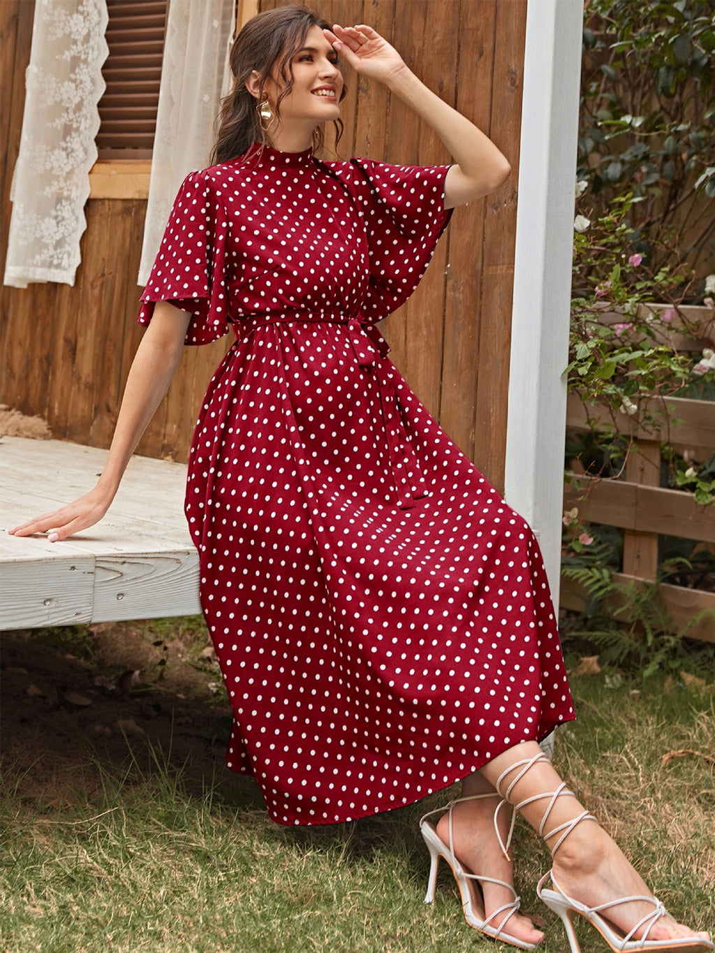 Polka Dot Chiffon Maternity Dress – Short Sleeve Strappy Summer Dress