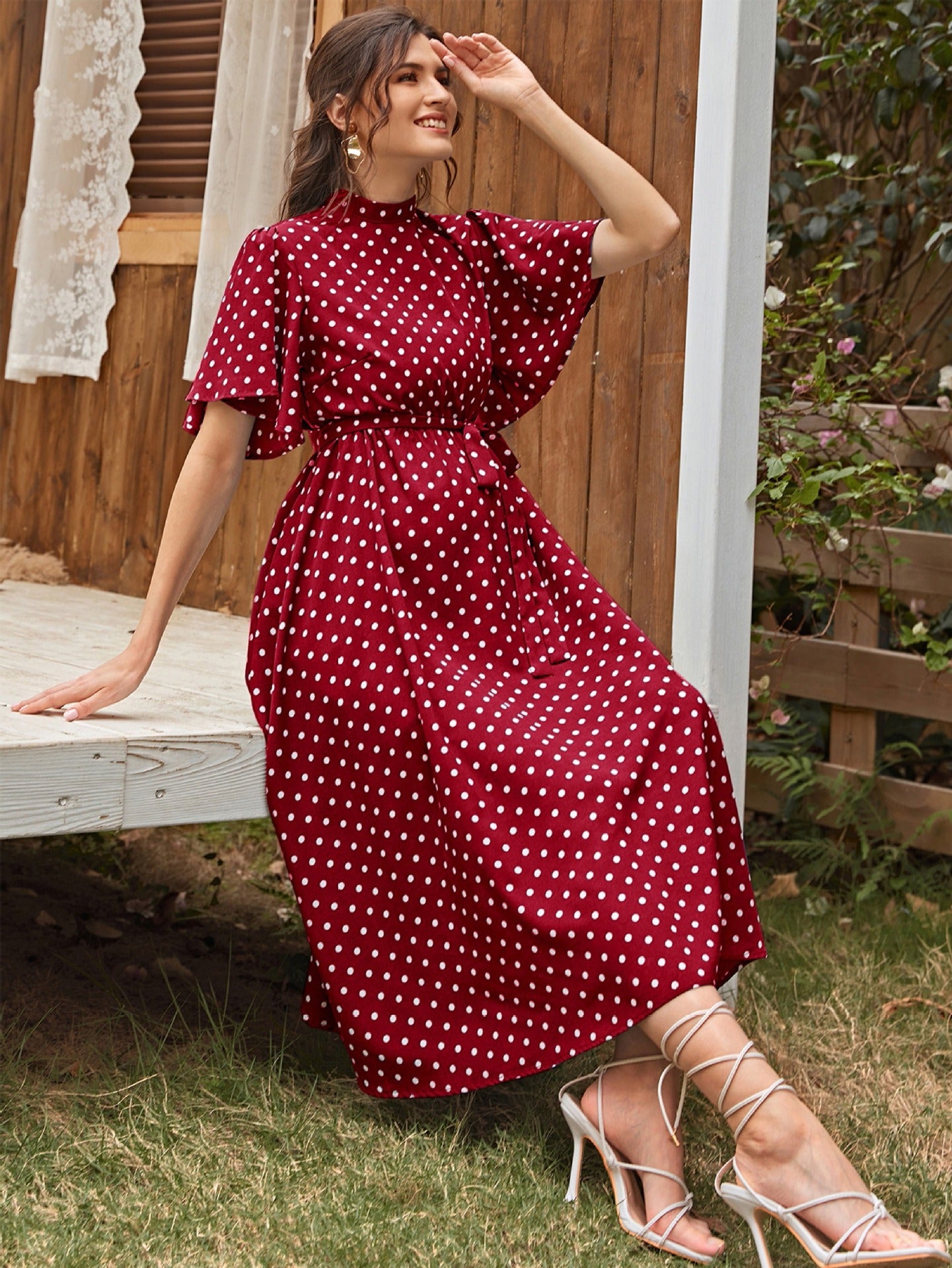 Polka Dot Chiffon Maternity Dress – Short Sleeve Strappy Summer Dress
