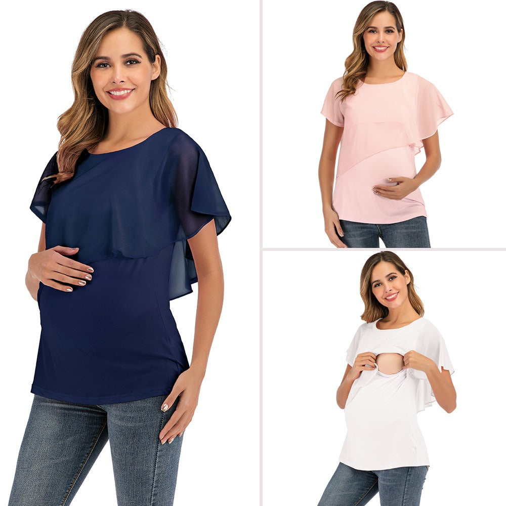 Short Sleeve Chiffon Nursing Top – Breastfeeding Patchwork T-Shirt