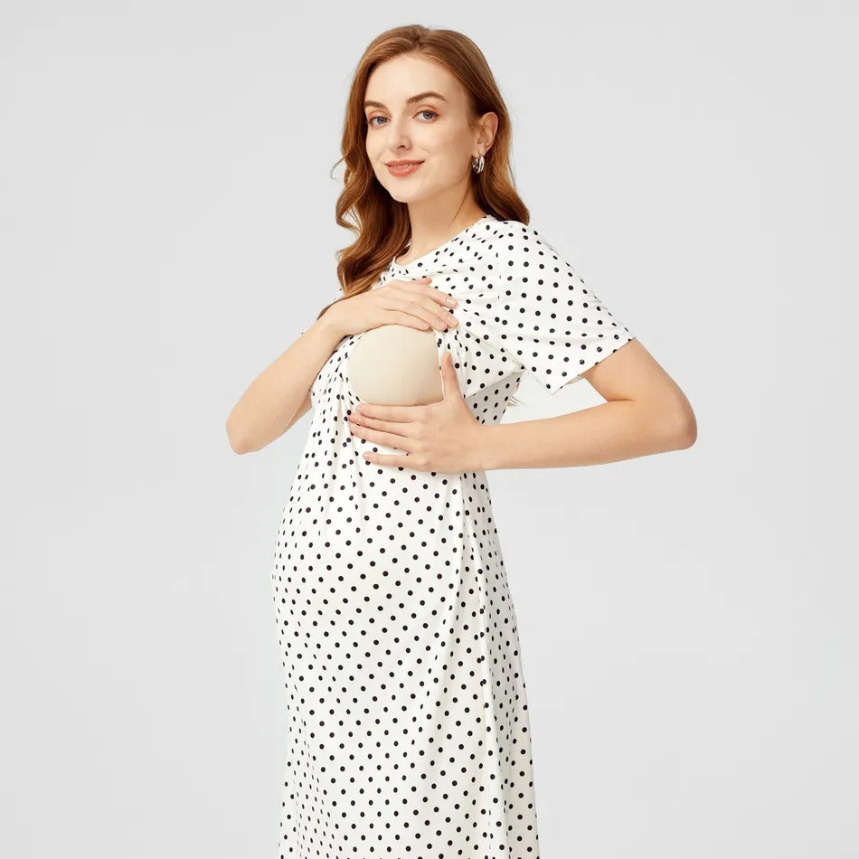 Polka Dot Nursing Dress – Short Sleeve Maternity & Breastfeeding Dress