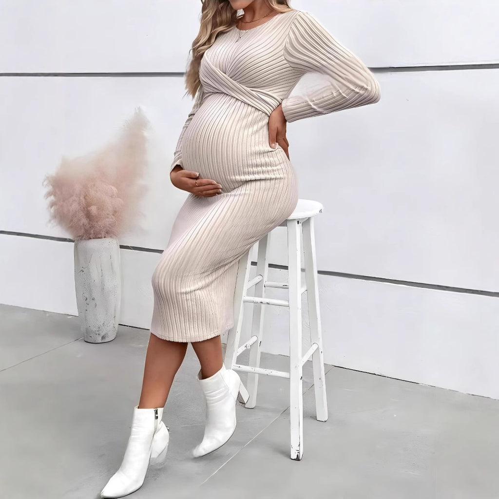 Long Sleeve Knot Maternity Maxi Dress – Slim Fit Full Length