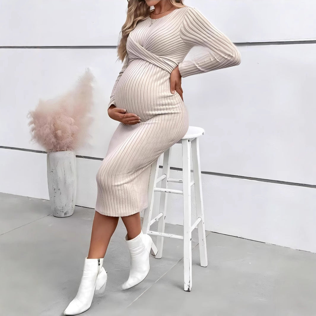 Long Sleeve Knot Maternity Maxi Dress – Slim Fit Full Length