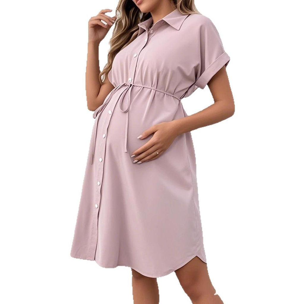 Button-Down Maternity Shirt Dress – Casual Belted Summer Dress