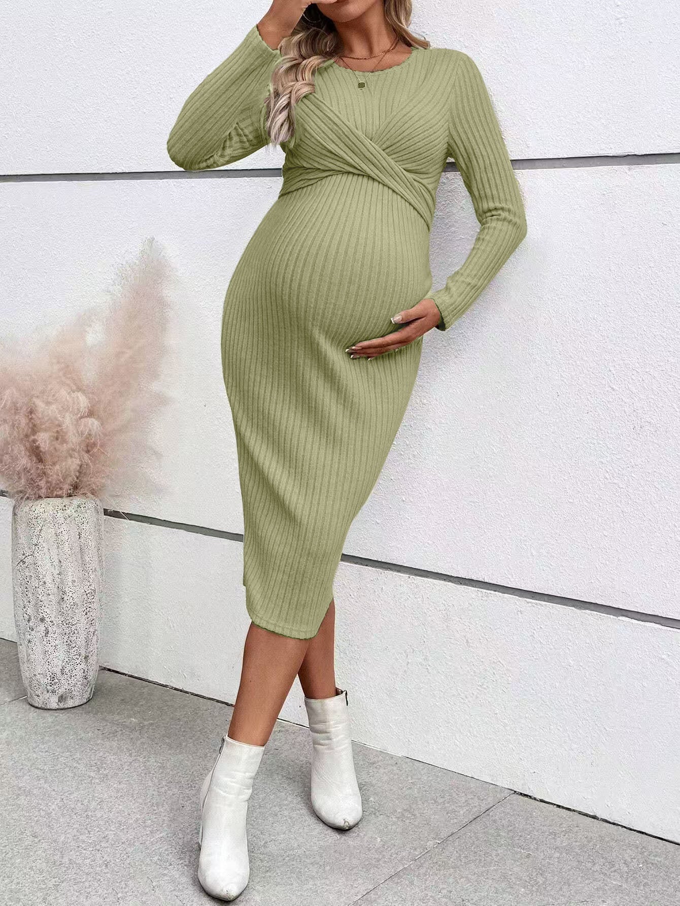 Long Sleeve Knot Maternity Maxi Dress – Slim Fit Full Length