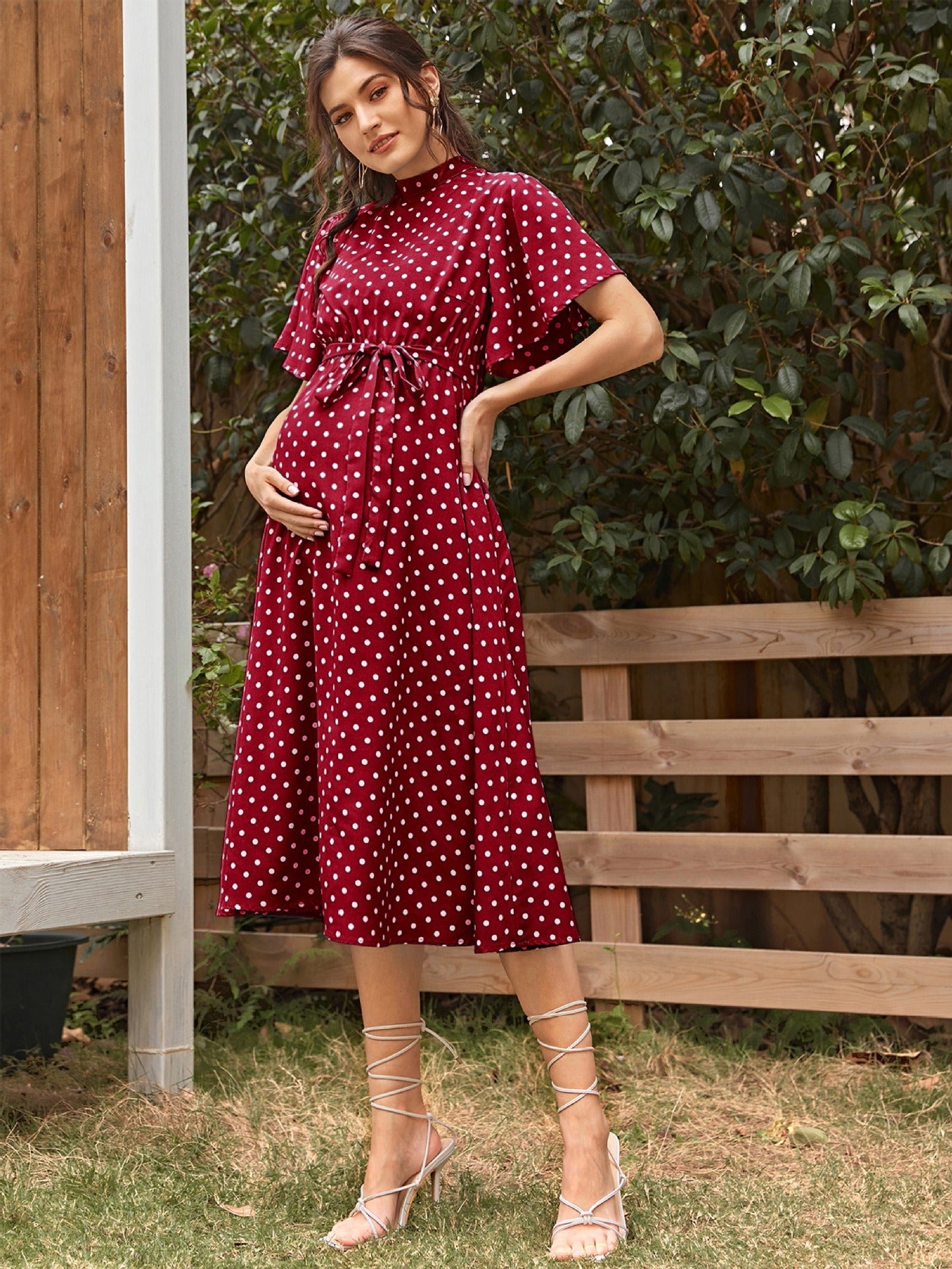 Polka Dot Chiffon Maternity Dress – Short Sleeve Strappy Summer Dress