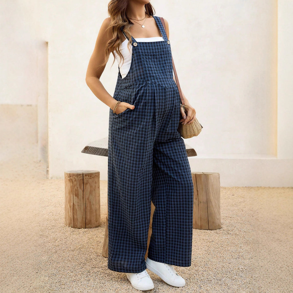 Checkered Maternity Jumpsuit – Loose Casual Pregnancy Overalls