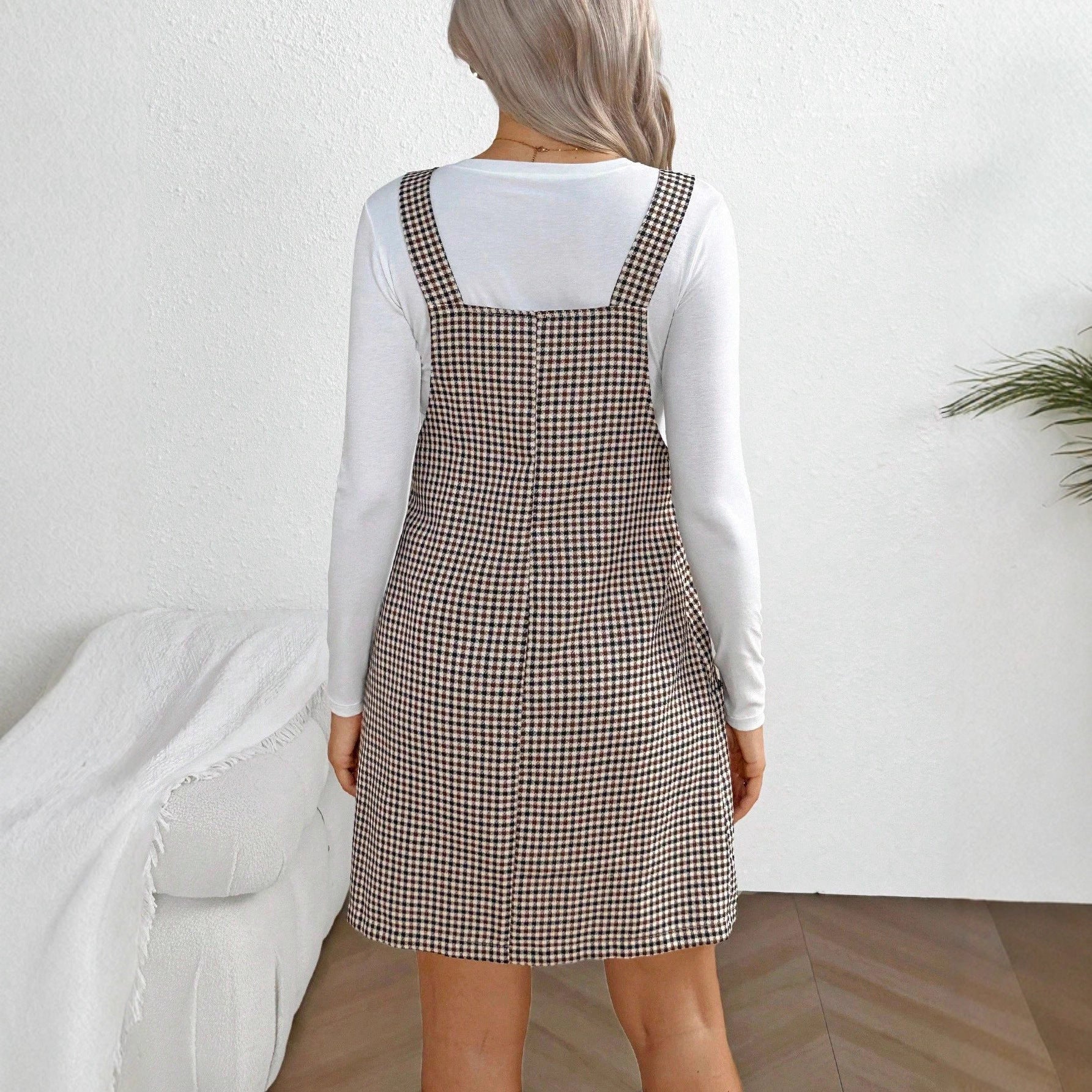 Checkered Maternity Overalls Dress – Adjustable Strap Mini Dress