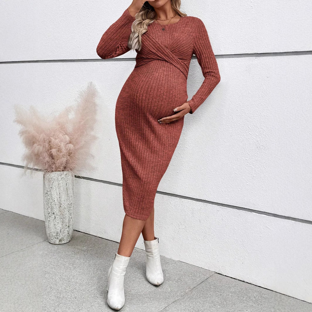 Long Sleeve Knot Maternity Maxi Dress – Slim Fit Full Length
