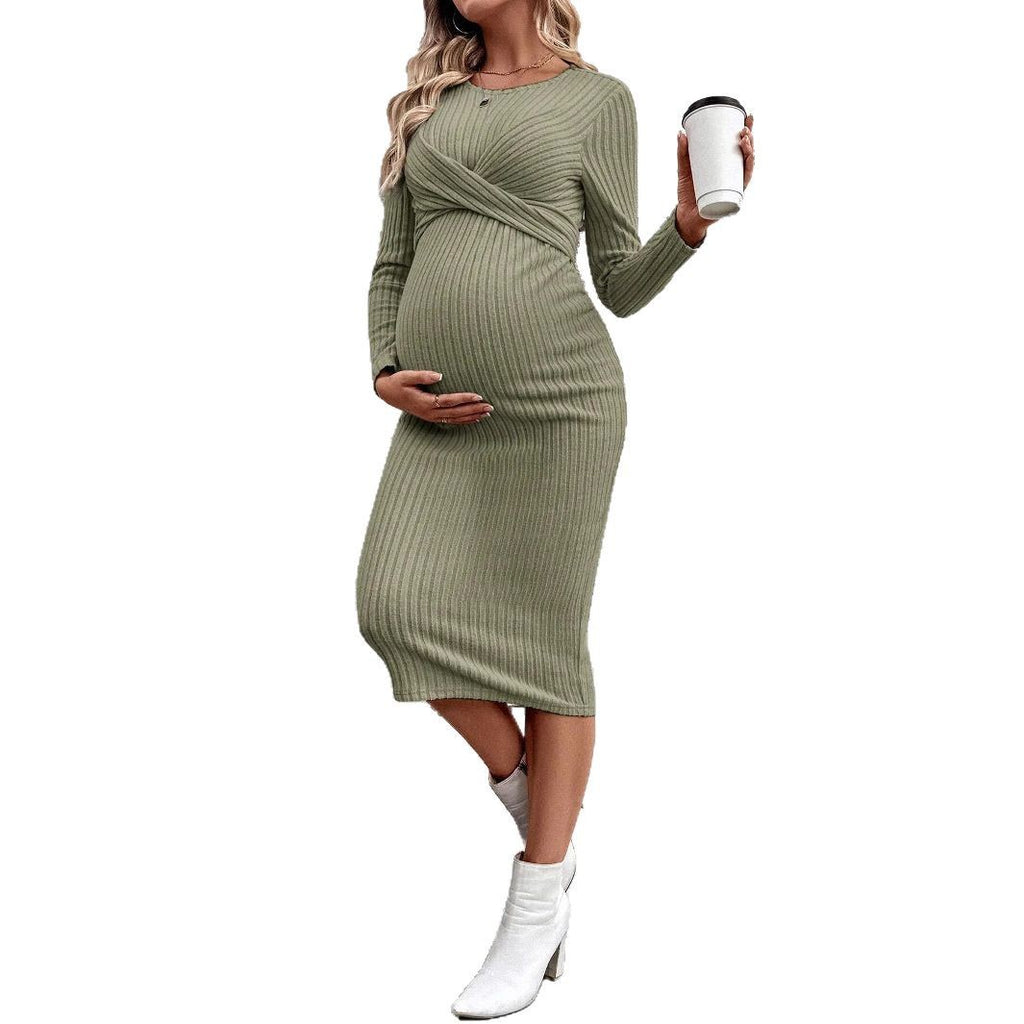 Long Sleeve Knot Maternity Maxi Dress – Slim Fit Full Length