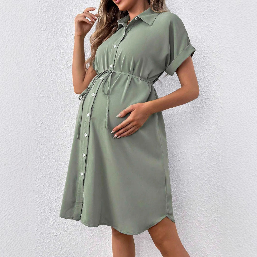 Button-Down Maternity Shirt Dress – Casual Belted Summer Dress