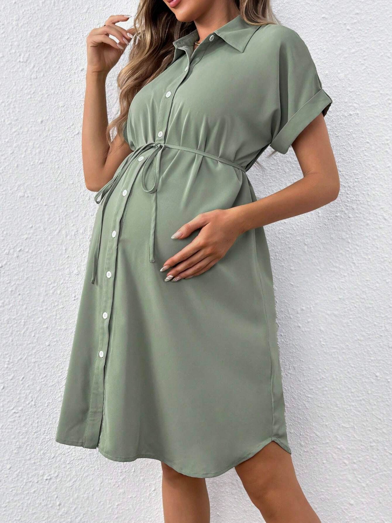 Button-Down Maternity Shirt Dress – Casual Belted Summer Dress