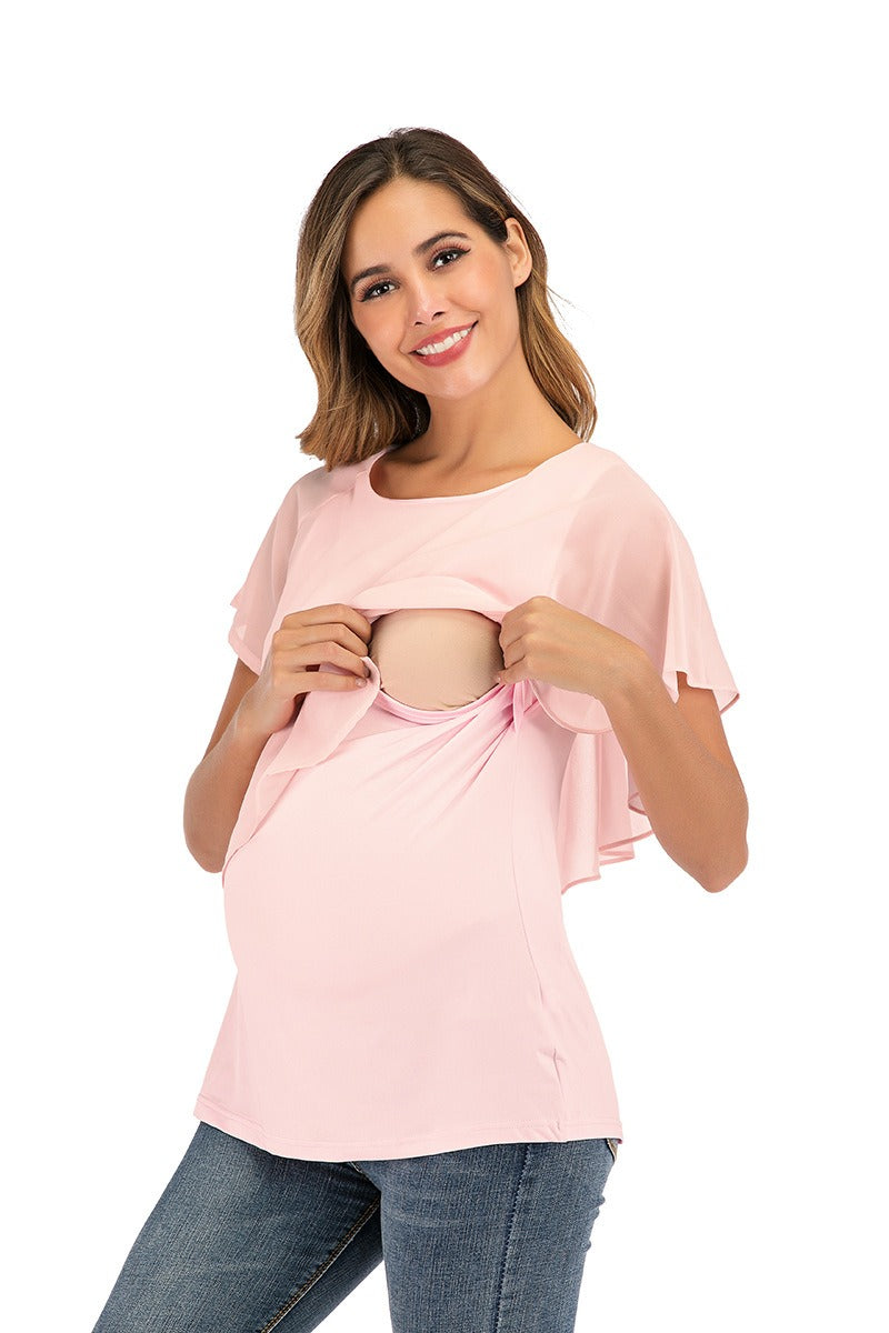 Short Sleeve Chiffon Nursing Top – Breastfeeding Patchwork T-Shirt