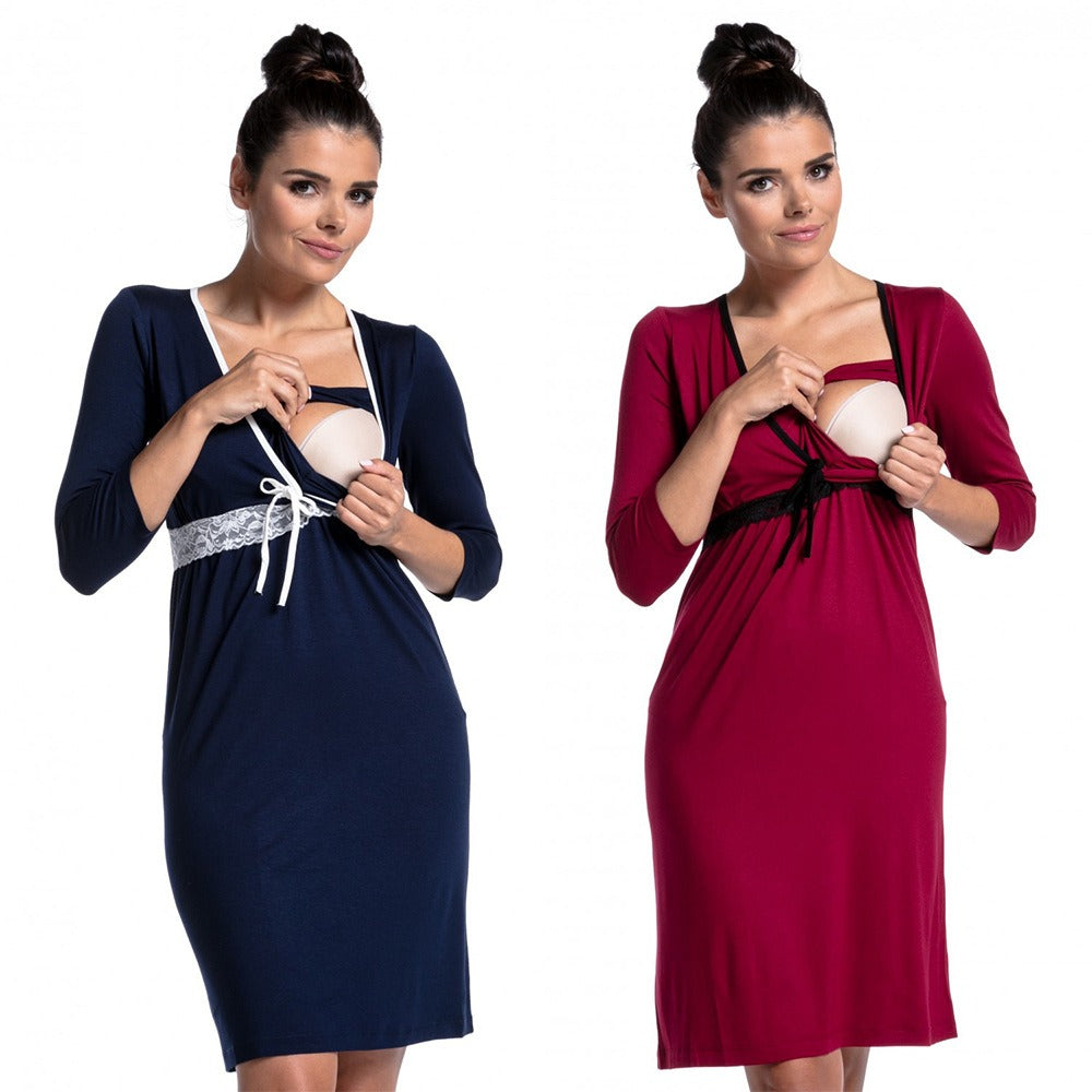 Lace Nursing Pyjama Dress – Deep V-Neck Maternity Nightwear