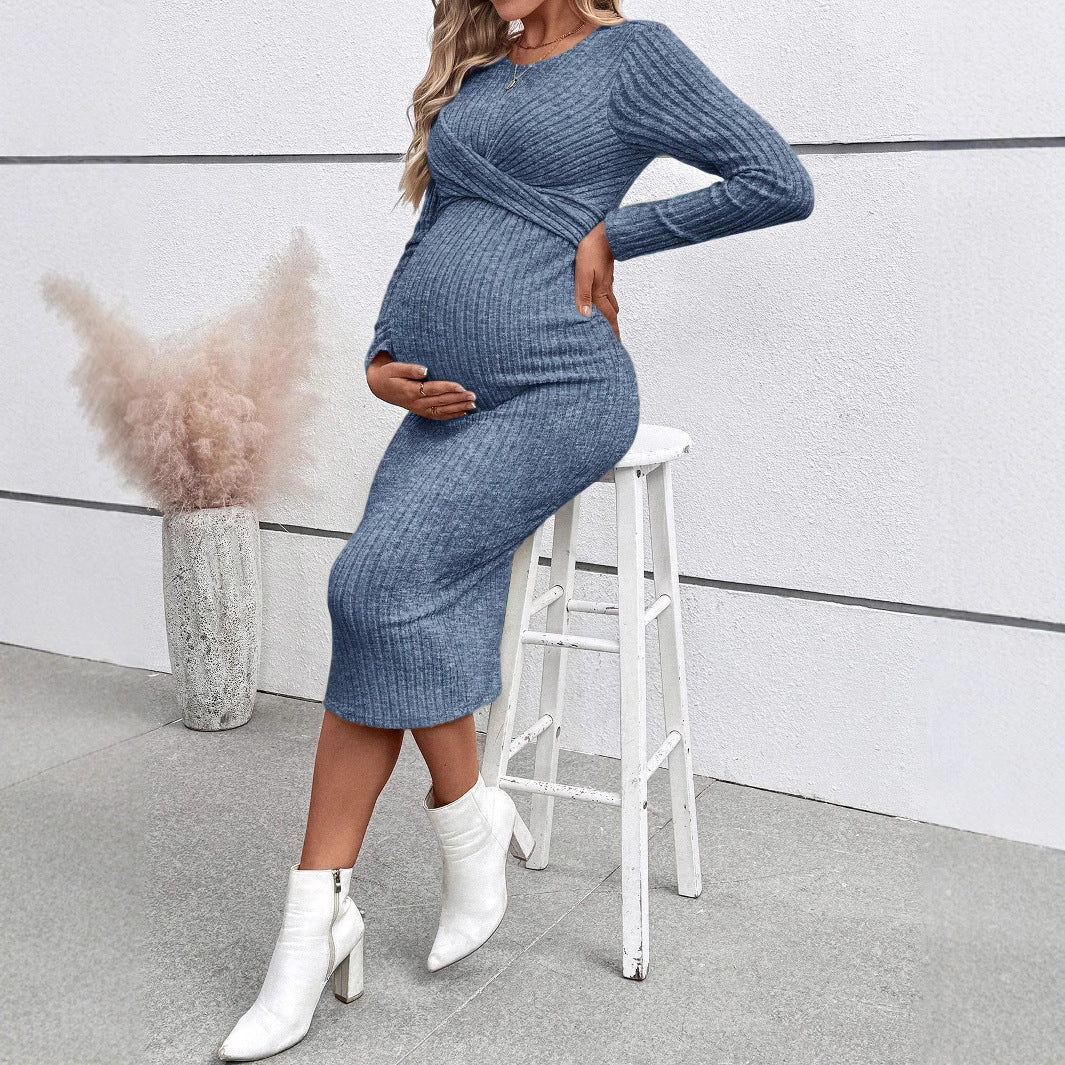 Long Sleeve Knot Maternity Maxi Dress – Slim Fit Full Length