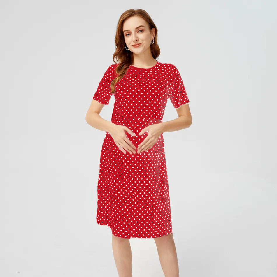 Polka Dot Nursing Dress – Short Sleeve Maternity & Breastfeeding Dress