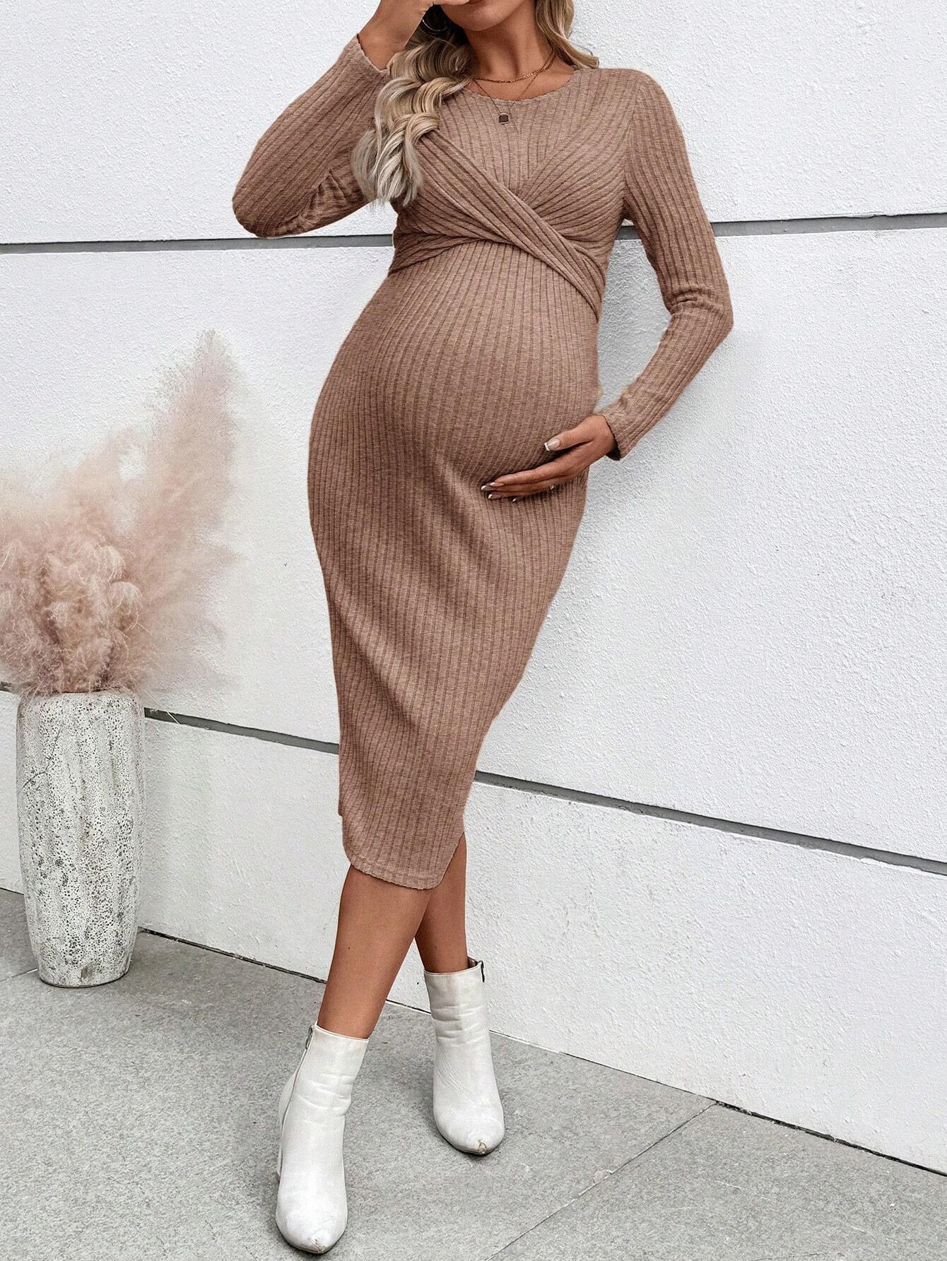 Long Sleeve Knot Maternity Maxi Dress – Slim Fit Full Length