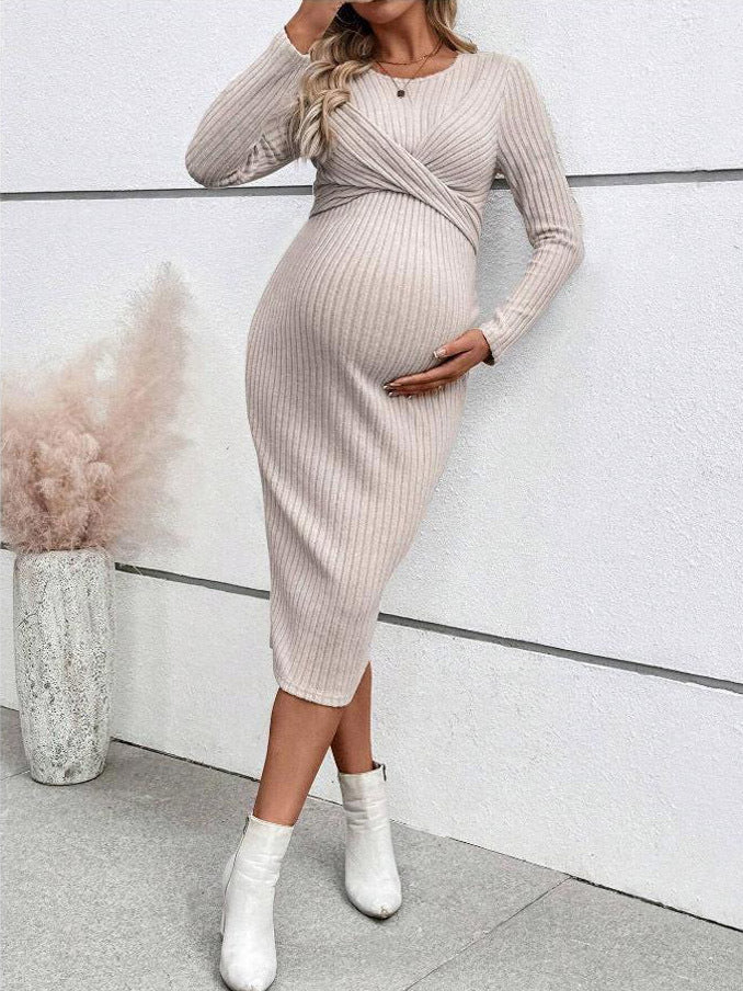 Long Sleeve Knot Maternity Maxi Dress – Slim Fit Full Length