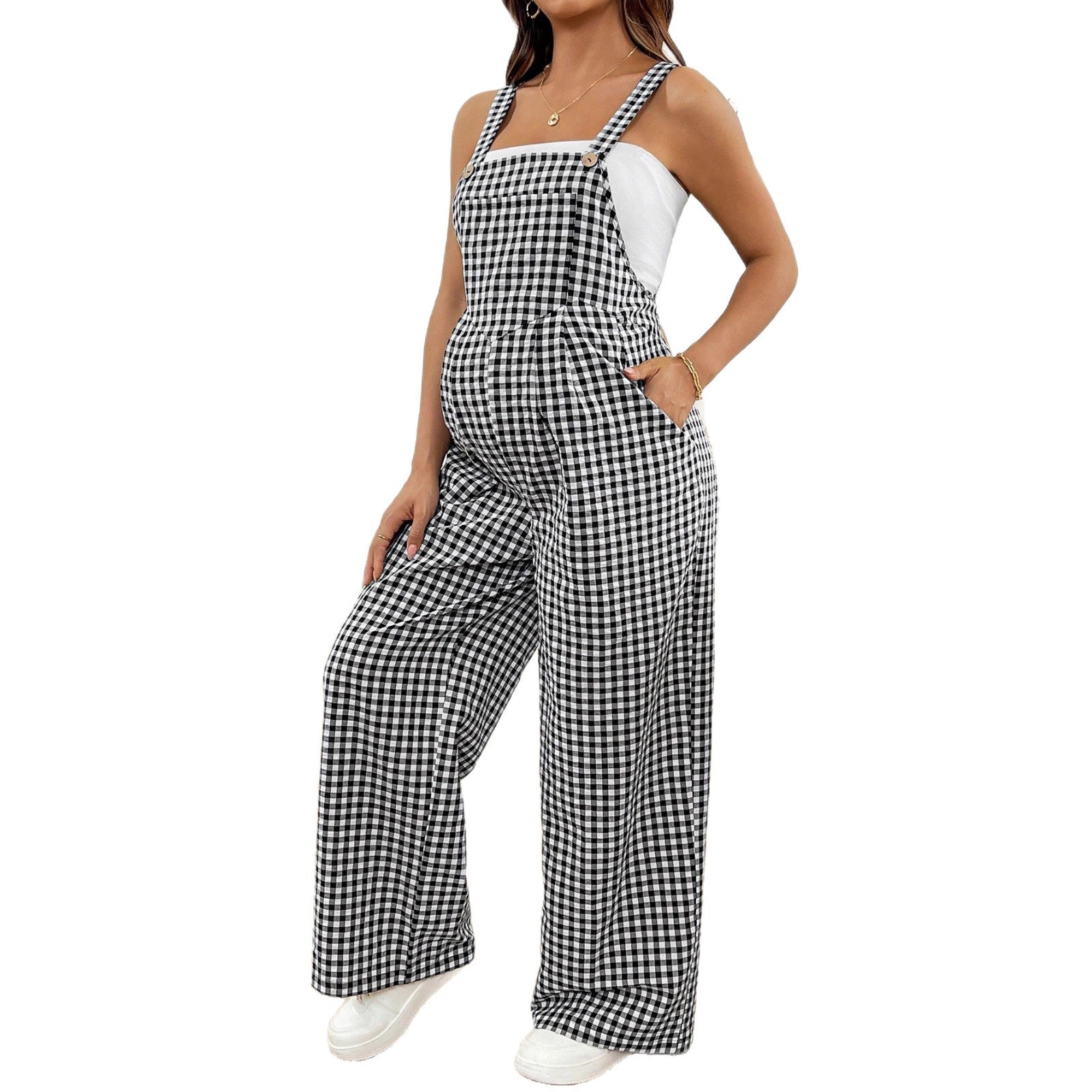 Checkered Maternity Jumpsuit – Loose Casual Pregnancy Overalls