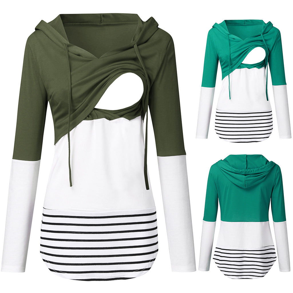 Colourblock Hooded Nursing Jacket – Autumn Winter Maternity Coat