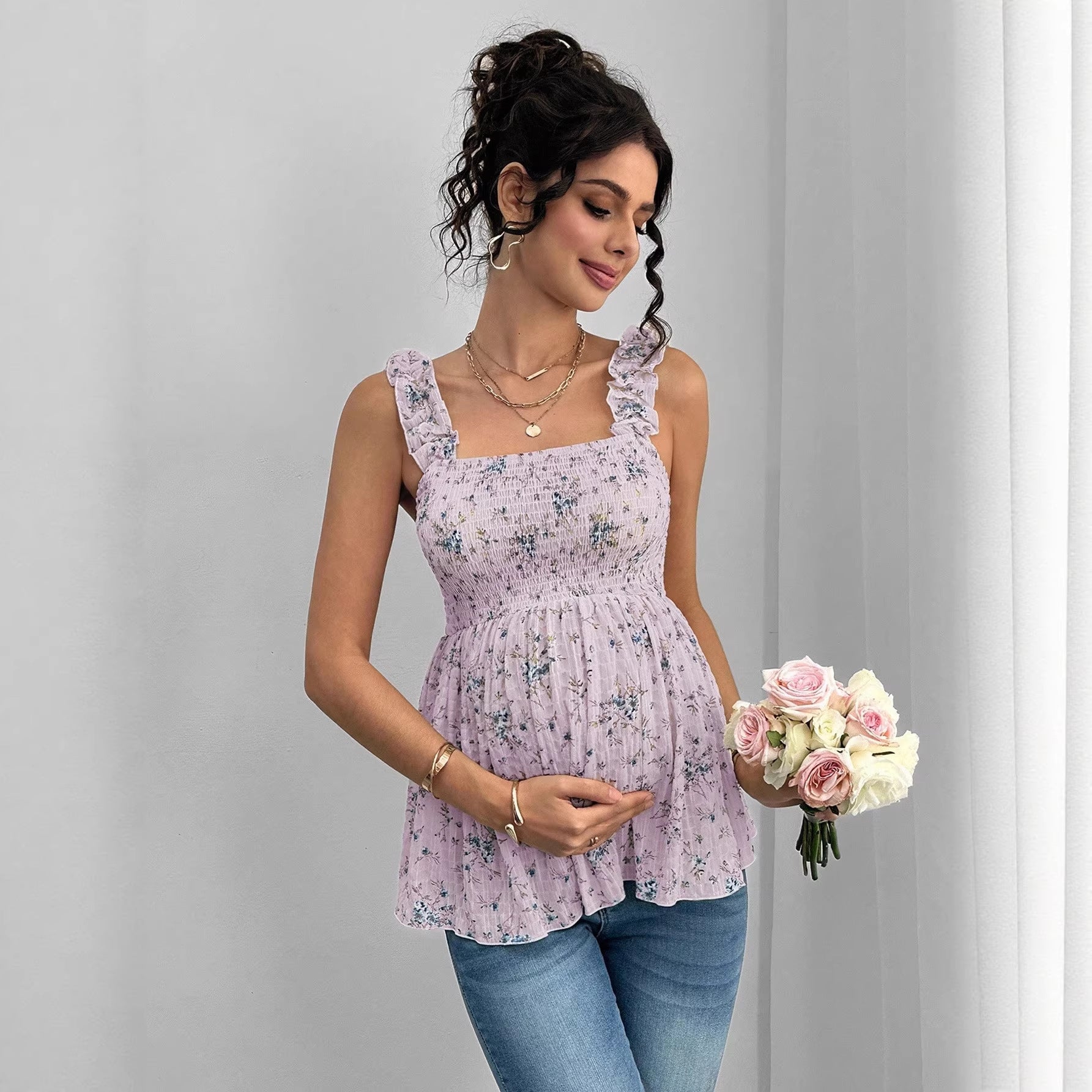 Printed Halter Maternity Vest – Square Neck A-Line Pregnancy Top